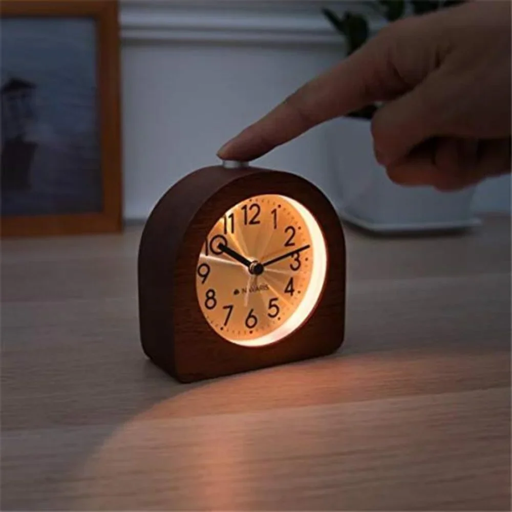 Wood Alarm Clock Non Ticking Analog Bedside Table Clock Battery Operated Snooze